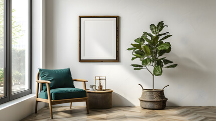 Wooden chair with teal cushion against white wall with art poster frame. Mid-century style home interior design of modern living room