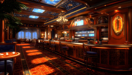 Luxurious hotel bar interior at night, opulent wooden design, star ceiling, city view, comfortable seating.