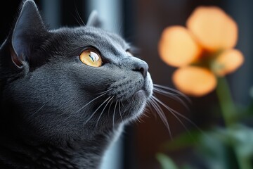 Gray cat gazes at a flower during a sunny afternoon in a cozy indoor setting