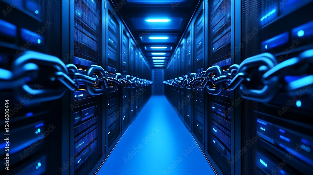 Poster high-tech data center with blue lighting and security chains in server rack aisle