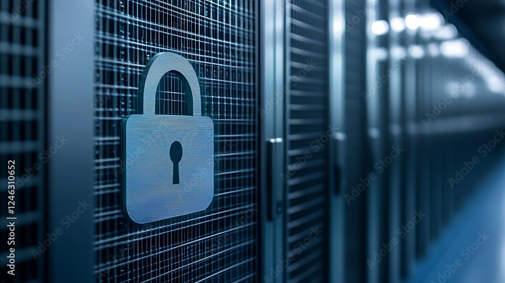 Poster high-tech data center with security lock symbol on server rack in modern facility