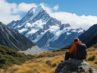 Fototapeta premium A serene shot of a hiker resting on a rock, with a majestic mountain range in the background.