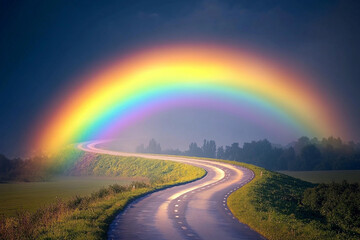 Obraz premium Colorful rainbow arches over winding road near grassy hills after a rainstorm during late afternoon