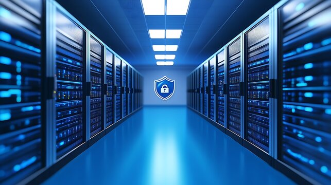 High-Tech Data Center with Secure Server Racks and Digital Lock Symbol for Cybersecurity Themes