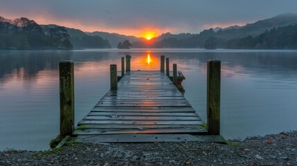 Fototapeta premium Serene sunset over a tranquil lake with a wooden dock leading into the water and hills in background