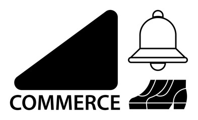 Black and white images include a geometric shopfront icon with word commerce, a bell, and footsteps. Ideal for retail, commerce, shopping, business growth, notification, customer service market