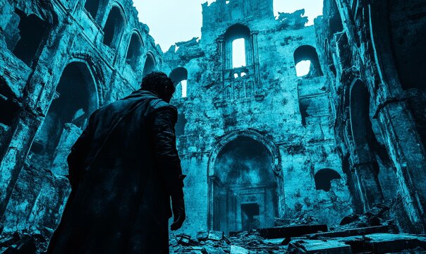 Man exploring ancient ruins, blue toned image for historical, mystery, or adventure themes