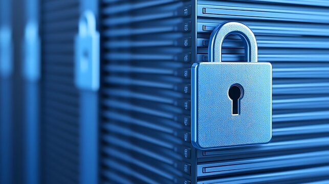 Metallic Padlock on Secure Server Enclosure in Blue Tones Symbolizing Data Protection and Cybersecurity