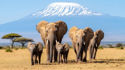 Naklejka premium Majestic elephants walking across golden plains with Mount Kilimanjaro in the background during bright daylight