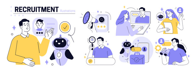 Hiring set. Characters use artificial intelligence technology for business recruitment process, job searching, interview, writing cv. Human recourses concept. Vector illustration.
