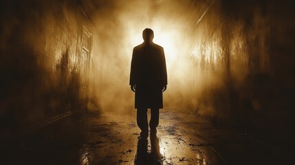 Obraz premium resurrection silhouette of a man walking in a dark corridor with a light coming through it