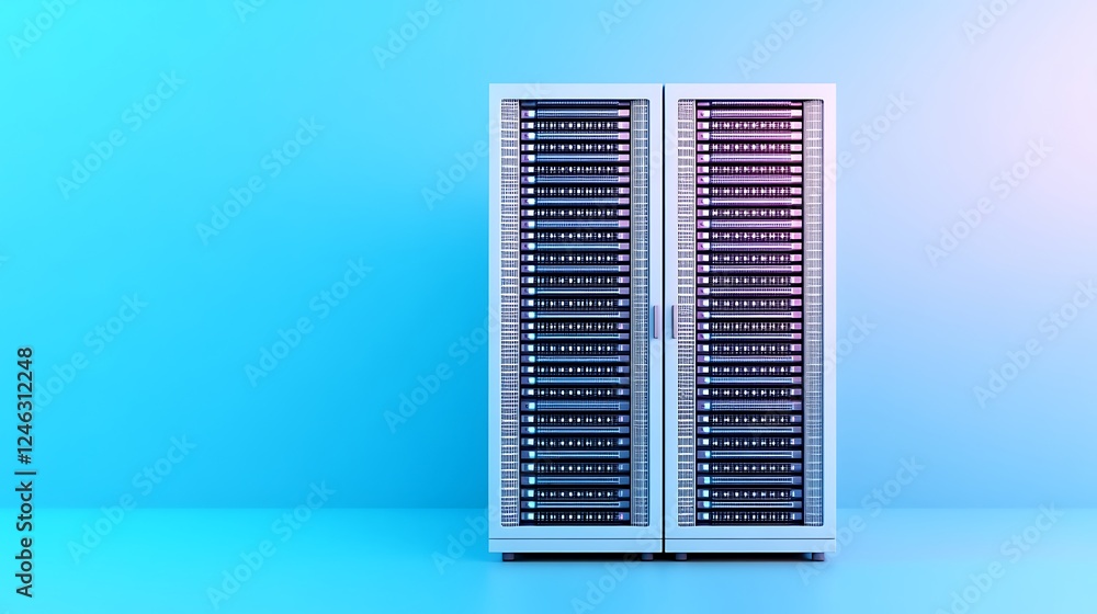 Poster modern data center server rack with bright colorful background for technology and innovation concept