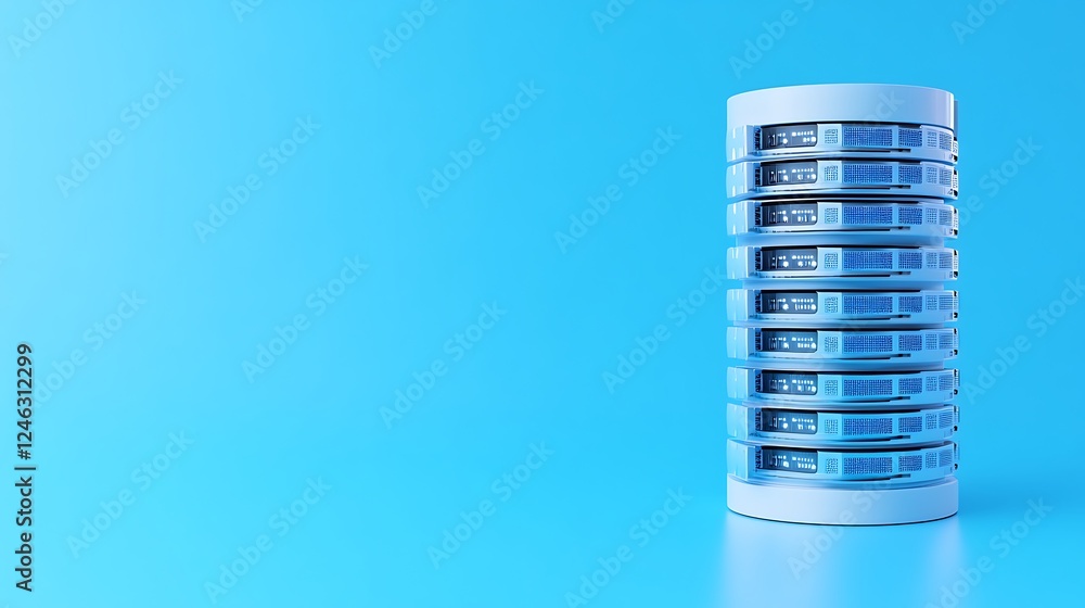 Poster modern data center storage tower on minimalist blue background for technology and computing concepts