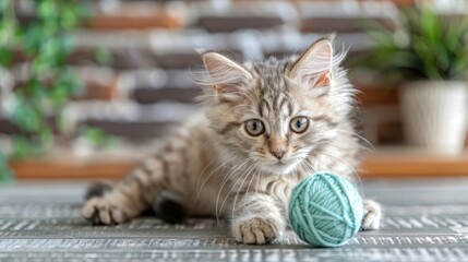 Playful kitten engaged with a soft yarn ball on a textured wooden floor in a cozy home setting