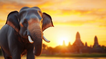 Fototapeta premium Majestic elephant near temple at sunset creating a stunning view in the wilderness