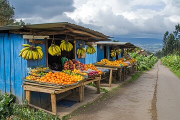 Rural African market fruit stalls roadside selling