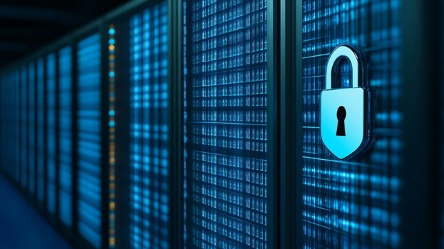 Modern Data Center Security Concept with Digital Lock Symbol and Server Racks in Blue Environment