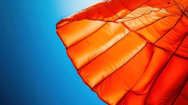 Bright orange parachute canopy billowing in a vibrant blue sky.