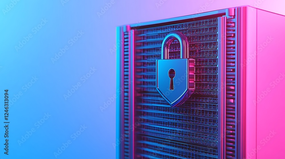 Poster modern digital security concept with lock on high-tech server in vibrant color gradient background