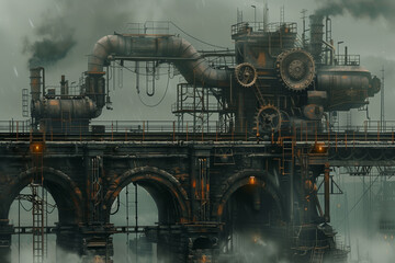 Steampunk bridge with gears and pipes, set in a foggy industrial landscape.