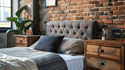 Wooden drawer nightstand near bed with grey fabric headboard. Loft interior design of modern bedroom with brown brick wall