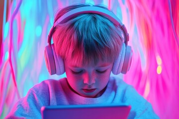 Boy with autism focuses on tablet while wearing noise canceling headphones indoors