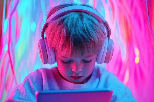 Boy with autism focuses on tablet while wearing noise canceling headphones indoors
