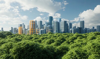 Obraz premium Modern city skyline rising above lush green forest, promoting urban nature integration
