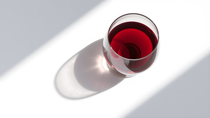 Wine in glass and shadow on white background, top view. Space for text. Generative AI