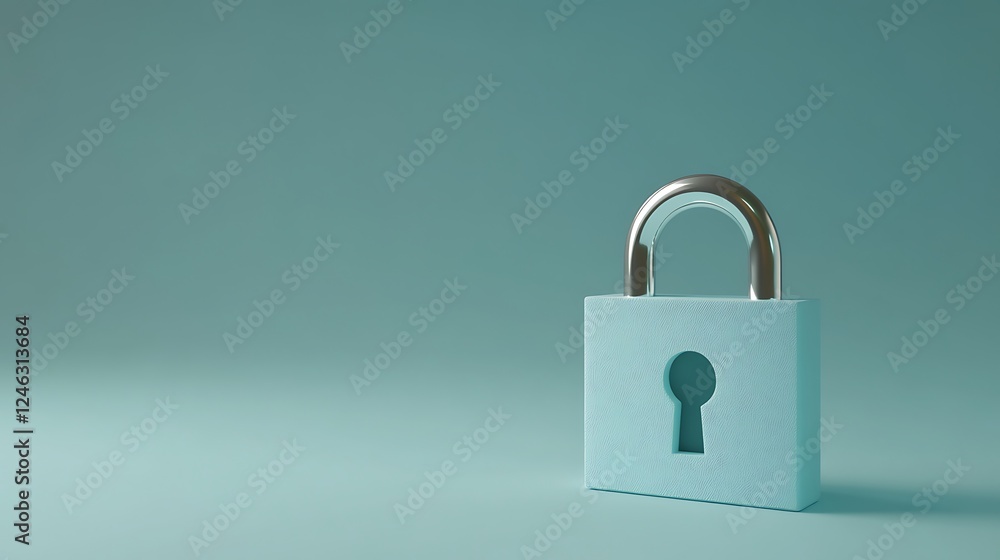 Poster modern pastel padlock with shiny metallic shackle on minimalistic teal background for security conce