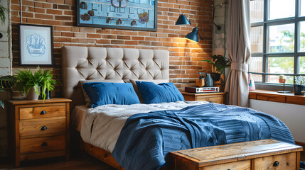 Wooden drawer nightstand near bed with grey fabric headboard. Loft interior design of modern bedroom with brown brick wall