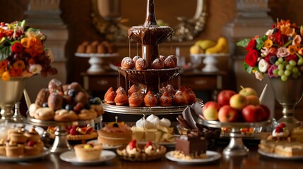 An elegant dessert buffet at a wedding reception, featuring a towering chocolate fountain surrounded by assorted pastries and fresh fruits for dipping.