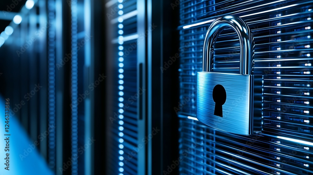 Poster modern security lock on server rack in data center with blue glowing lights and high-tech environmen