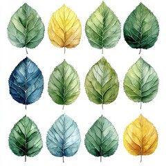 Obraz premium Delicate Watercolor Aspen Leaves in Shades of Green and Pale Yellow on White Background