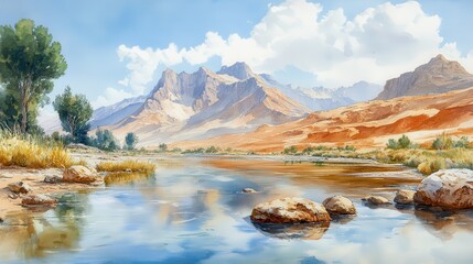 river jordan biblical time watercolor painting of a river in the middle of the mountains