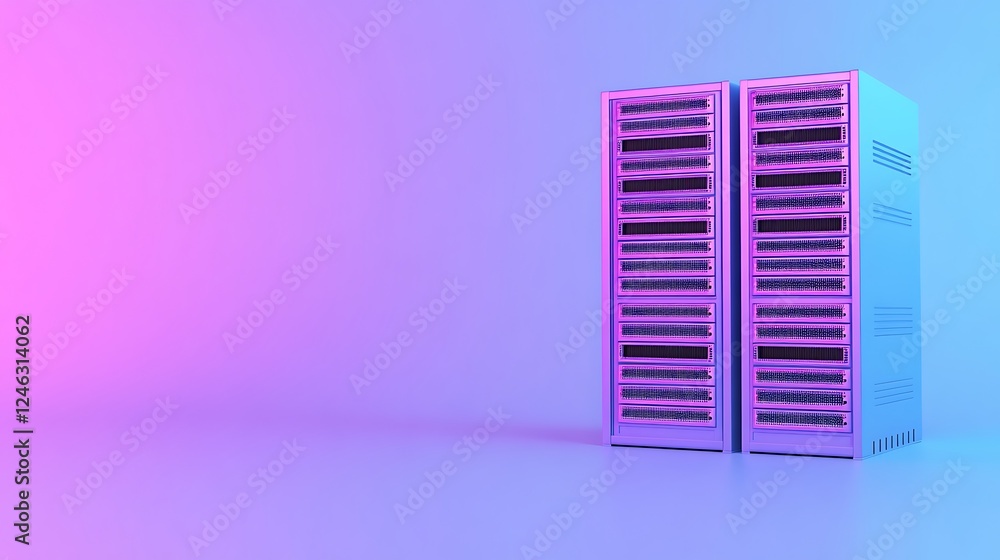 Poster modern server racks with colorful neon lighting in a futuristic data center environment