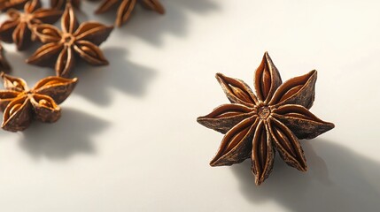 Star anise displayed on a light surface with additional star anise pieces scattered in the background during daylight hours