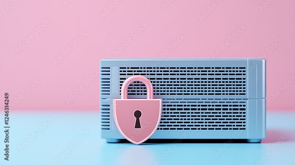 Poster modern storage device with pink padlock symbolizing data protection and digital security in minimali