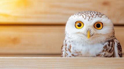 Obraz premium Owl with striking yellow eyes perched on a wooden surface in warm outdoor lighting during late afternoon