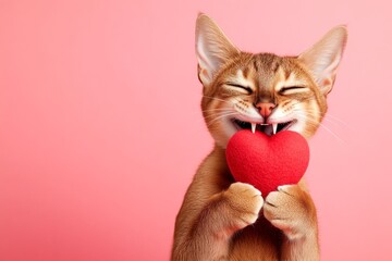 Cute chausie feline infant with furry friend toy red heart - emblem of love, funny greeting card. Chausie - my treasured cat. Ad conceptual art. Valentine's furry friend. Romantic pet february.