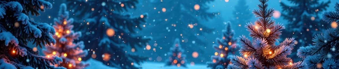 Winter foliage of fir trees illuminated by sparkling fairy lights and shining snowflakes on a blue sky, frosty, branches, snowflakes