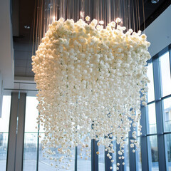 A luxurious entrance hall featuring a glass chandelier with pearl balls, walls covered in fresh white and colorful flowers, satin inlay, and elegant decor.