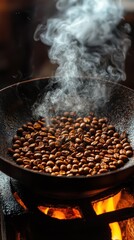 Roasting coffee beans over an open flame in a traditional kitchen, showcasing the rich aroma and vibrant steam rising from the pan