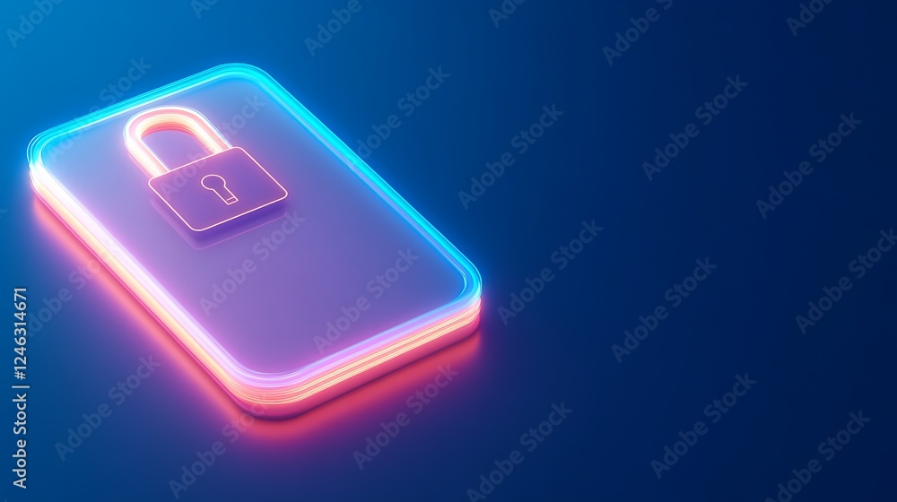 Poster neon light concept of a digital padlock on a dark background representing security and privacy in te