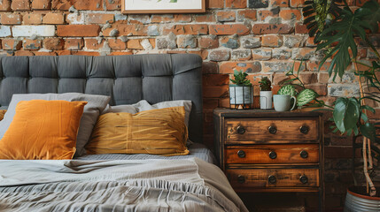 Wooden drawer nightstand near bed with grey fabric headboard. Loft interior design of modern bedroom with brown brick wall