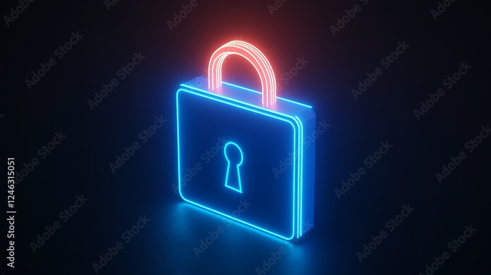 Poster neon lock icon with keyhole for cybersecurity concept in a dark background