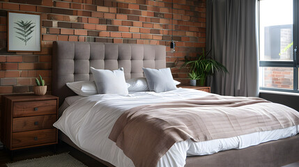 Wooden drawer nightstand near bed with grey fabric headboard. Loft interior design of modern bedroom with brown brick wall