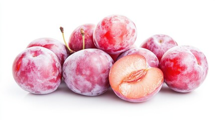 Obraz premium Fresh red plums with juicy slices on white background