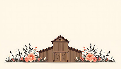 Wooden barn with flowers on a light background