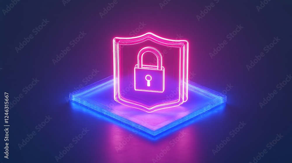 Poster neon shield icon with lock symbol representing digital security and protection in modern technology 